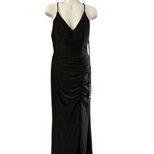 JVN by Jovani Black Ruched Satin Jersey Side Slit Cross Back Gown